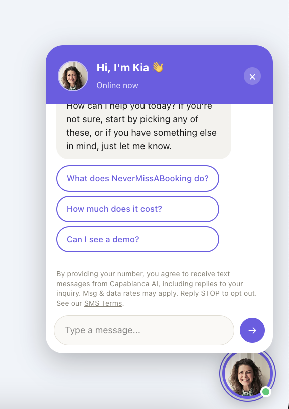 Kia chat widget showing the SMS consent line above the message input field